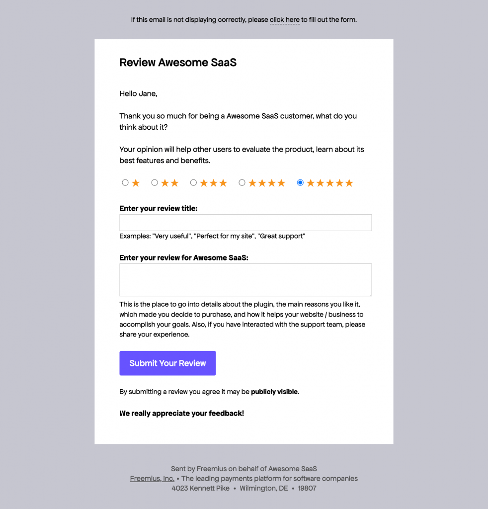 Freemius Sample Customer Facing Email