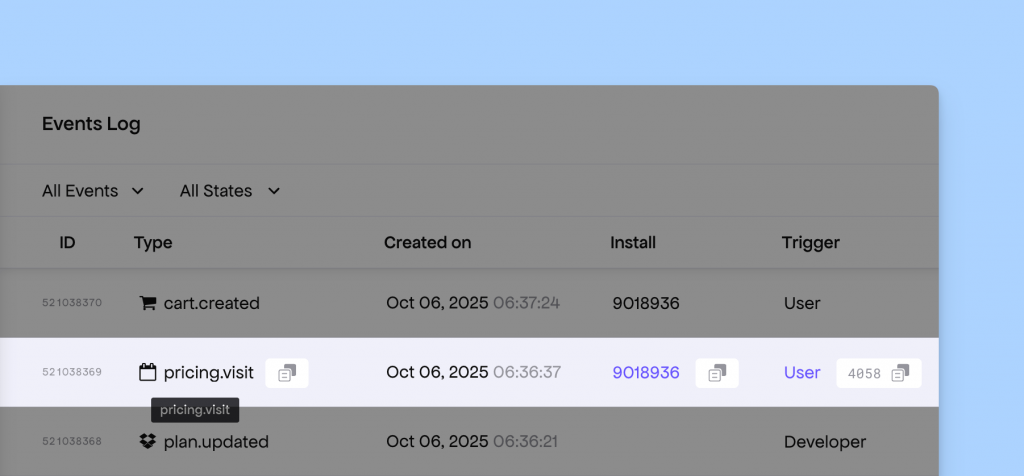 Logged pricing.visit webhook event
