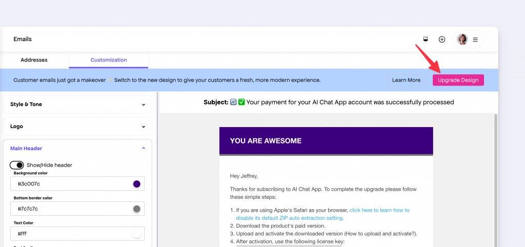 Upgrade to new email design from Freemius Developer Dashboard