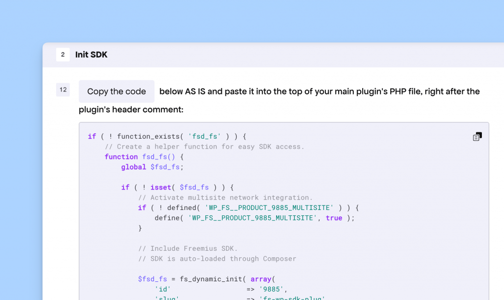WordPress SDK Integration code snippet