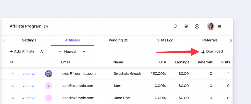 Affiliate export feature freemius developer dashboard