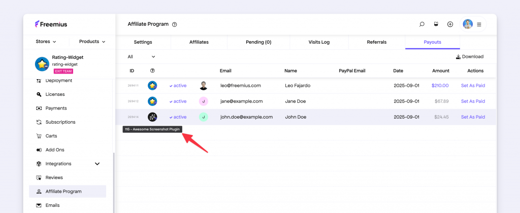 Affiliate payout attribution across products