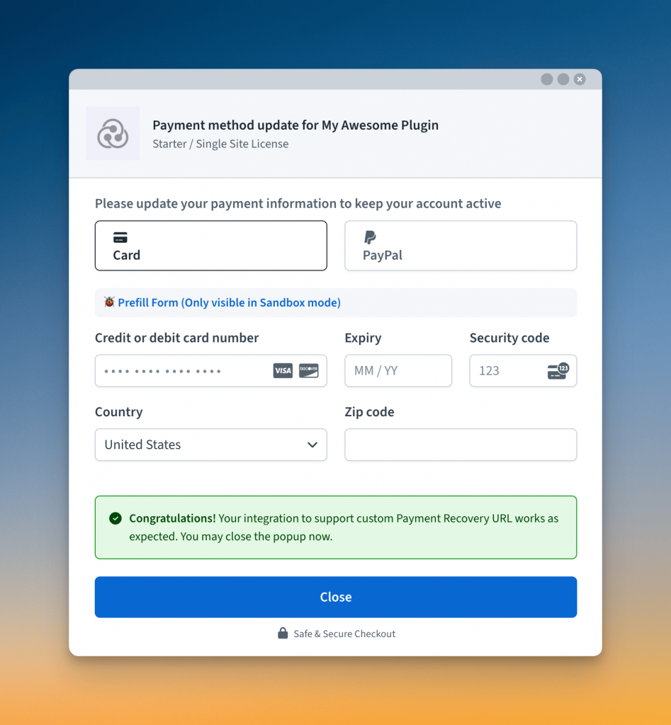 Freemius Checkout opened in mocked dunning flow