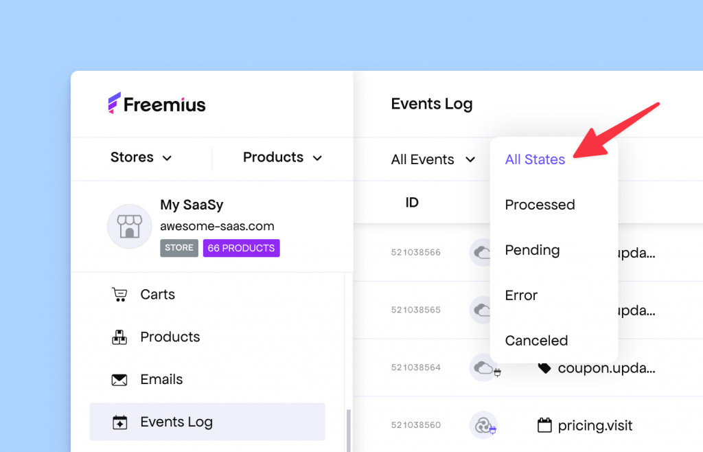 Events filtering from the Stores section