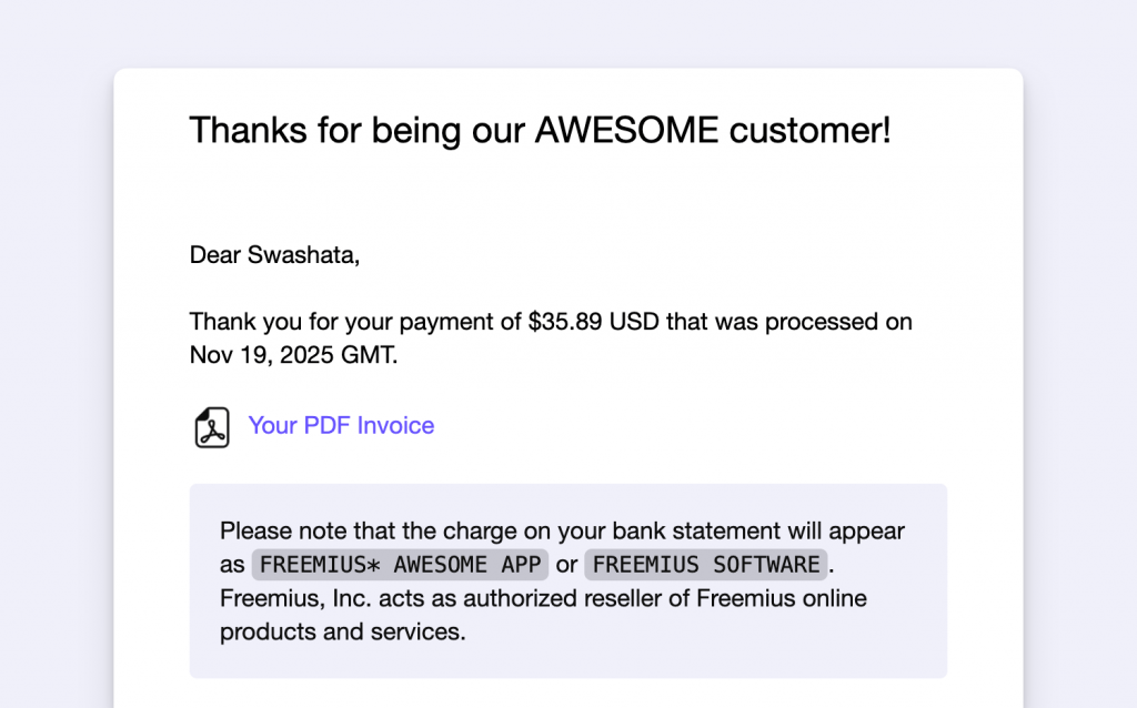 Freemius transactional email showing the possible descriptor in statements