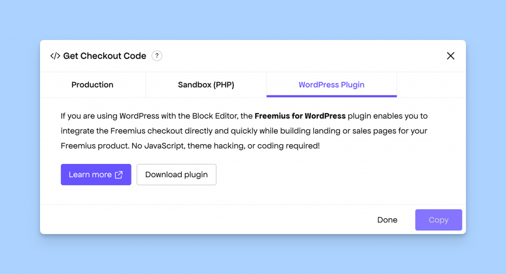 Freemius for WordPress plugin shown inside the Get Checkout Code