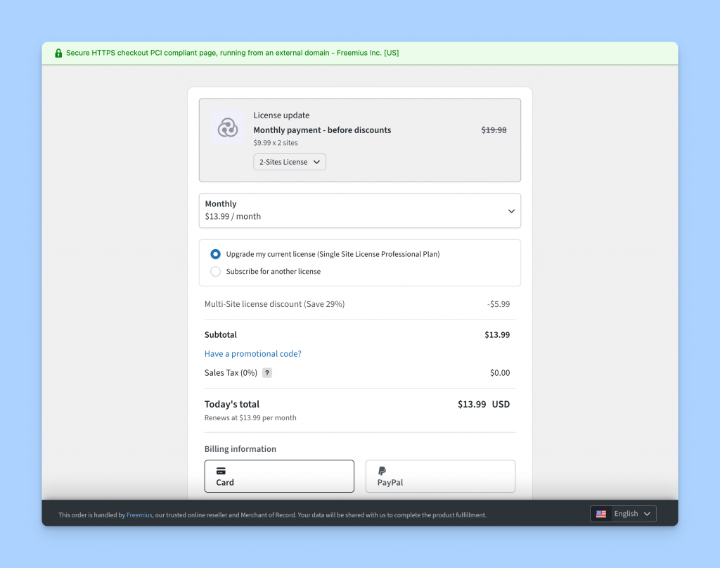 Freemius Checkout in vertical layout inside the WordPress Admin
