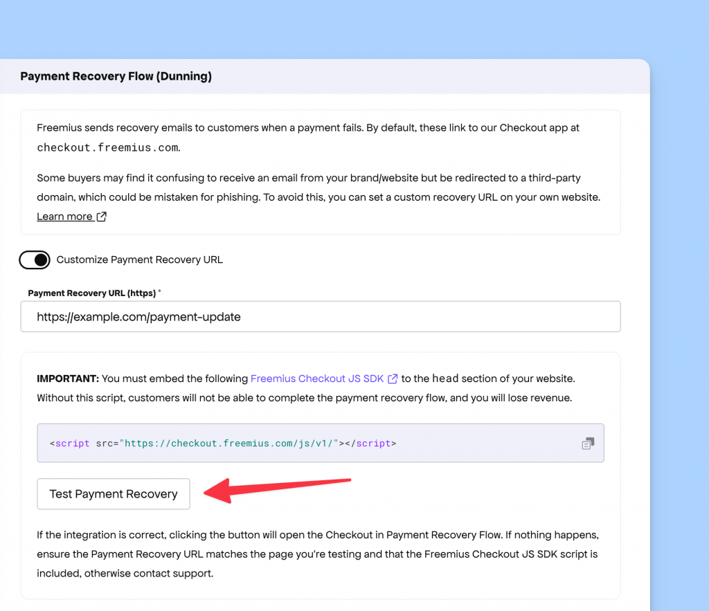 Test button for payment recovery custom URL