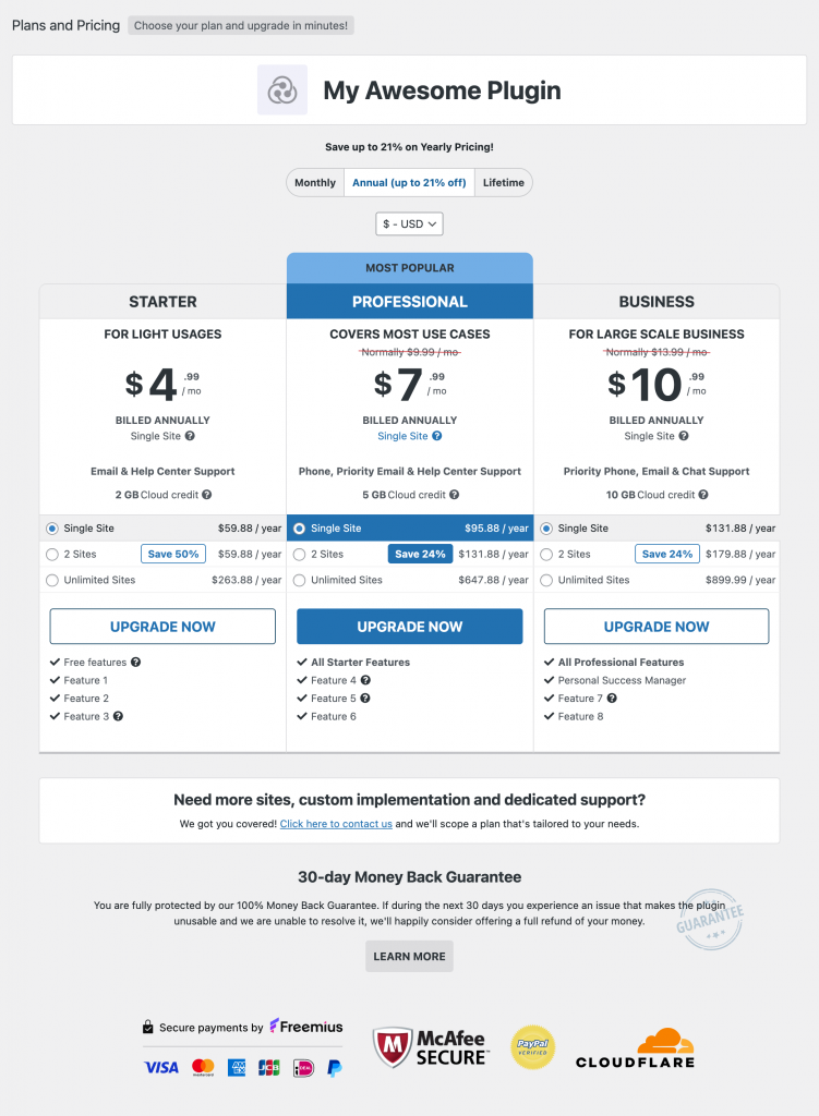 Freemius WP SDK pricing page