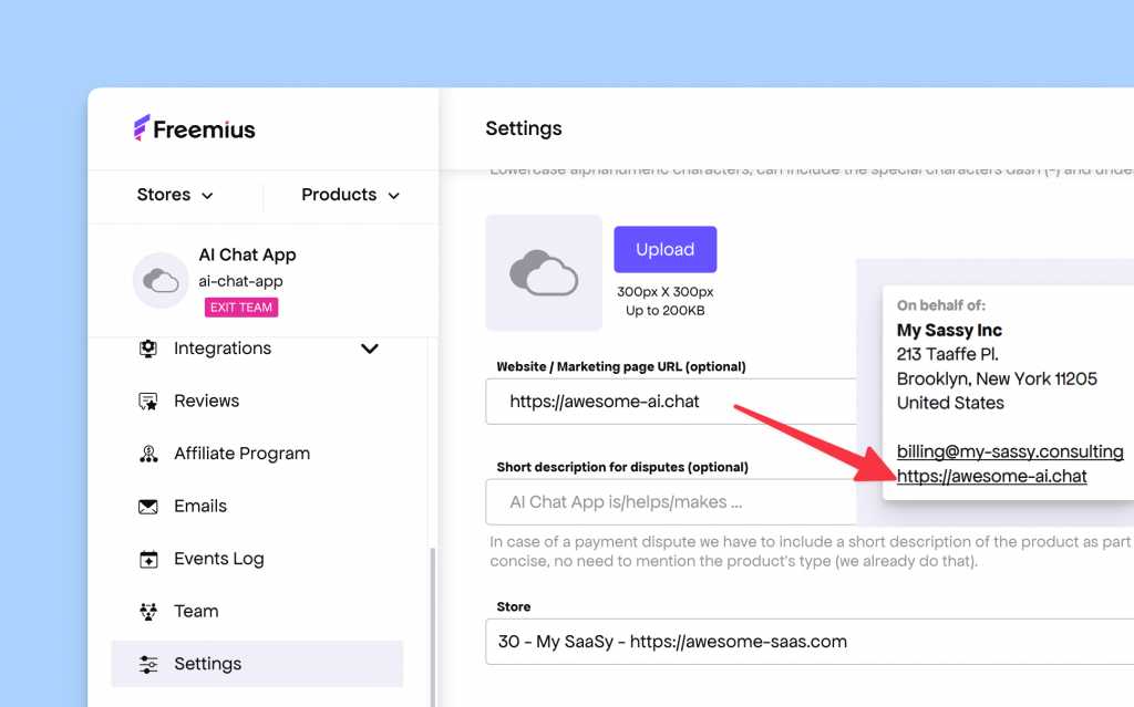 Product Marketing URL reflected in the Invoice