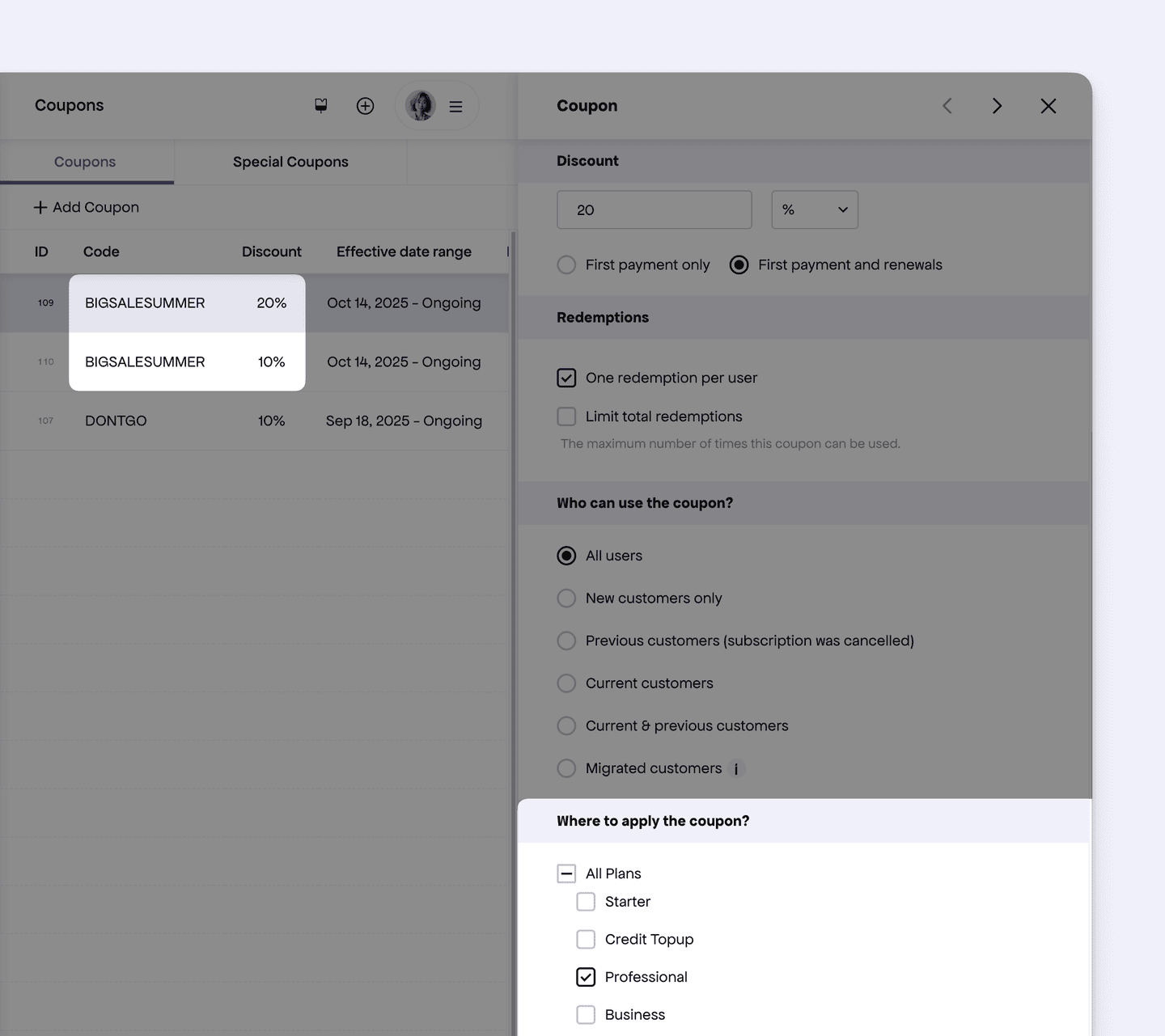 Same code, different discount coupon setup in Freemius