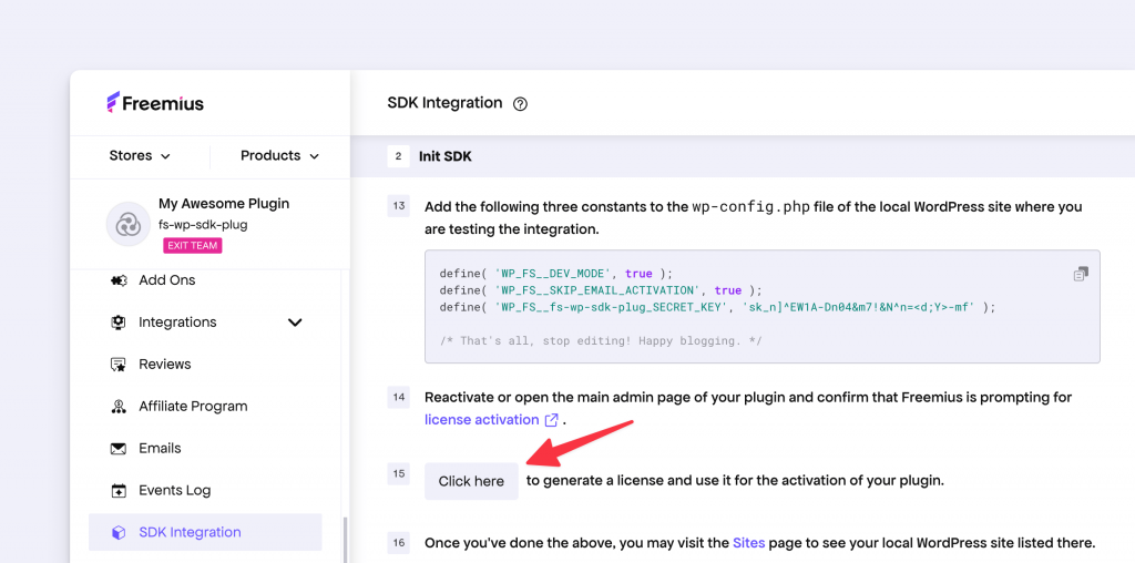 Create test license from the Freemius Developer Dashboard for testing the integration
