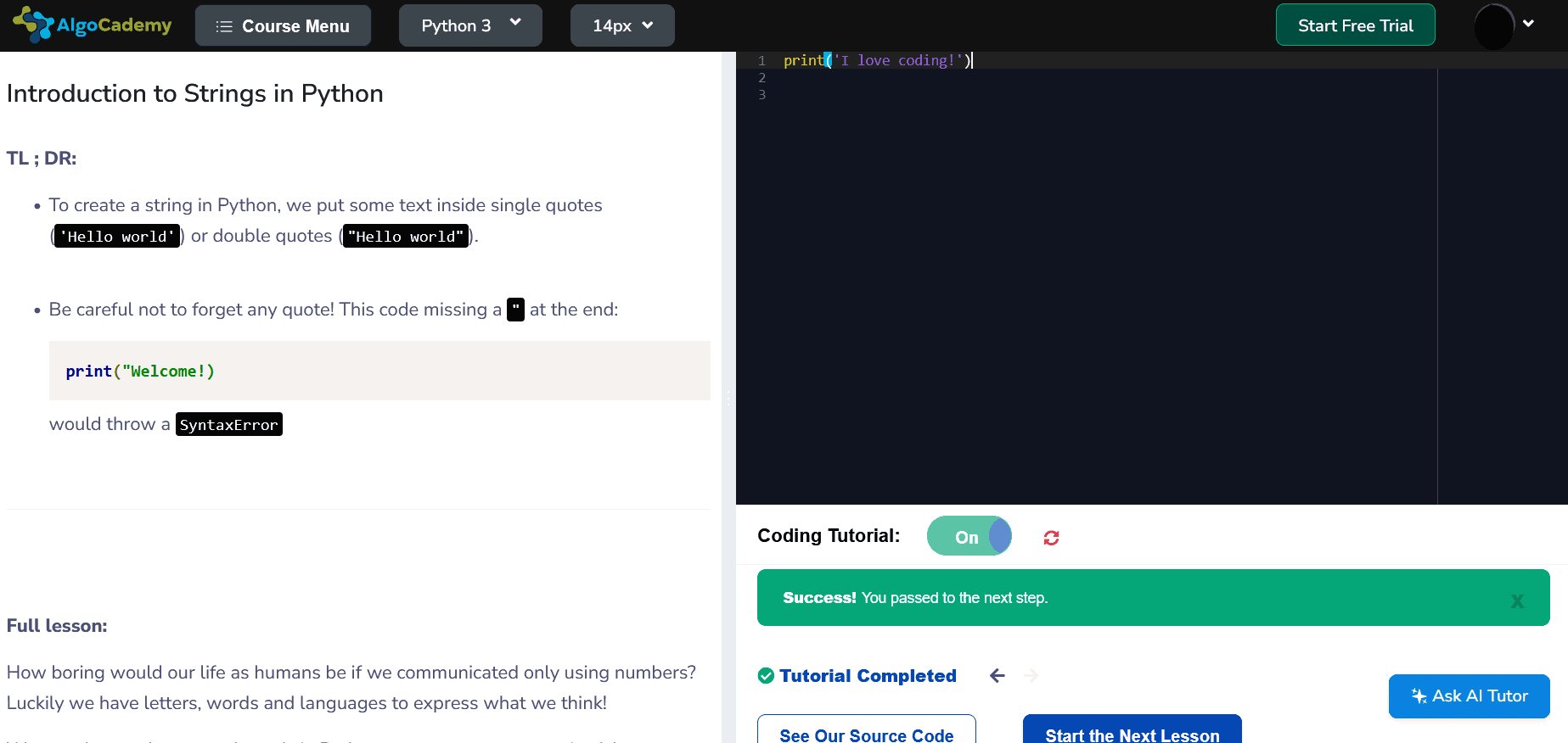 Algo Academy platform dashboard