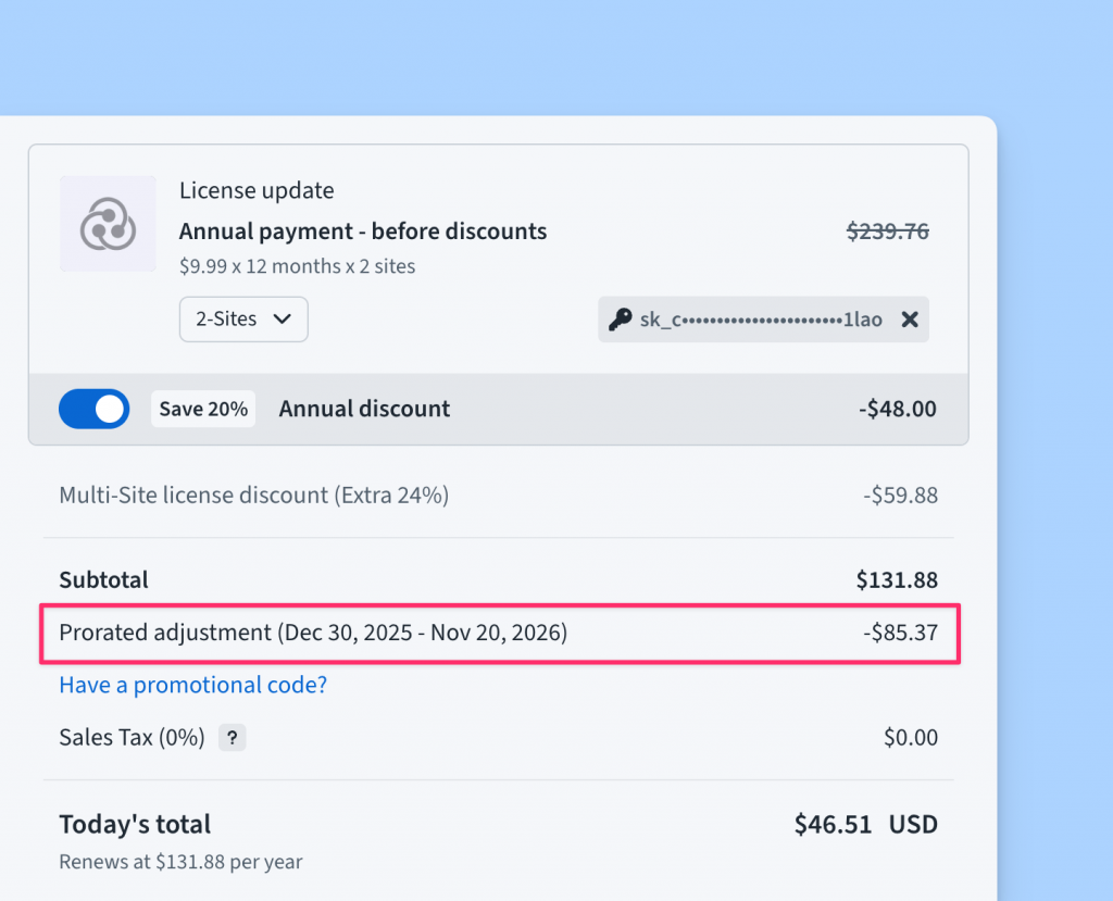 Prorated discount in Freemius Checkout