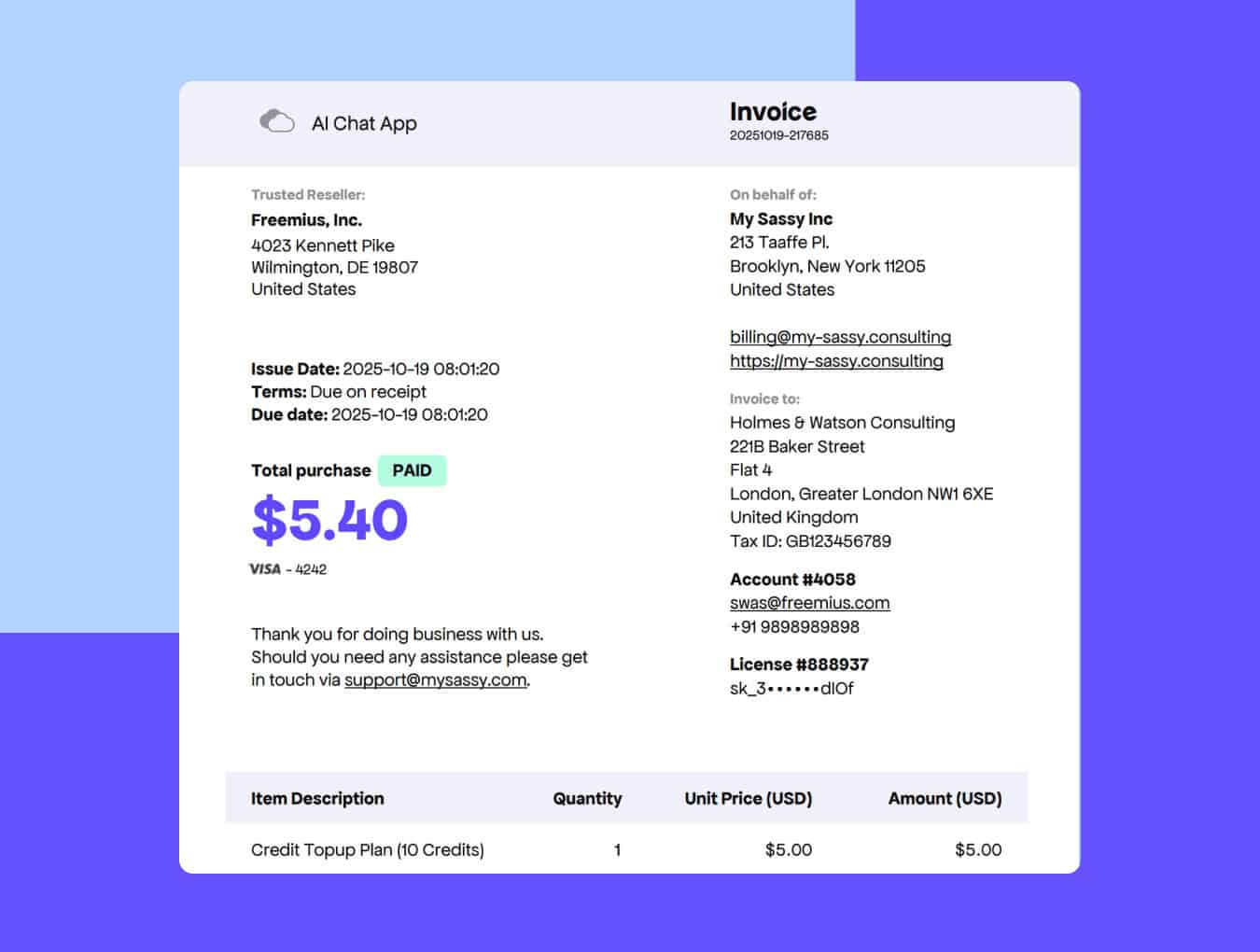 customer invoice with clear details and product attribution