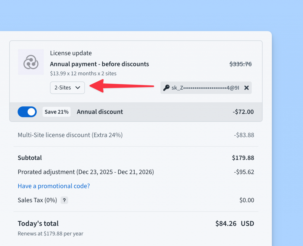 Number of Sites in license upgrade flow in Freemius Checkout