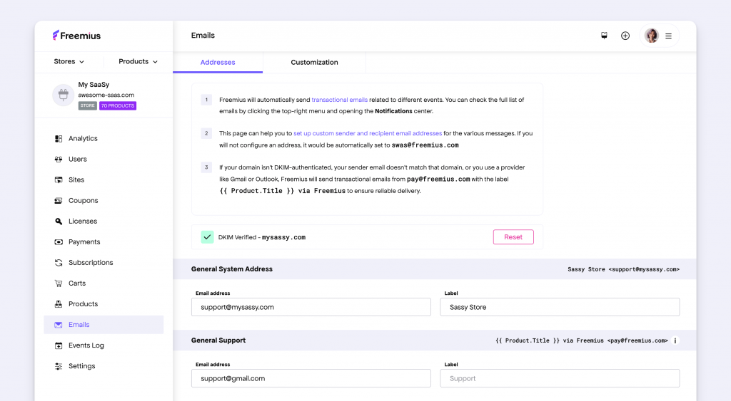 Freemius DKIM verification UI/UX rebranded