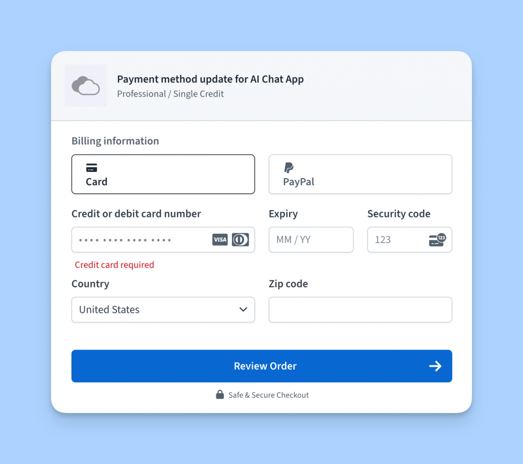 Payment method update UI in Freemius Checkout