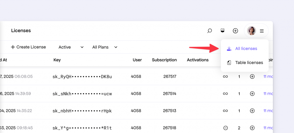 Licenses export from the Developer Dashboard