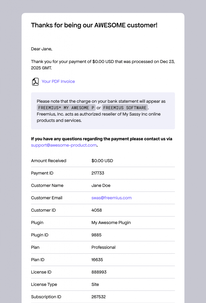 Zero value payment email sent to buyers from Freemius