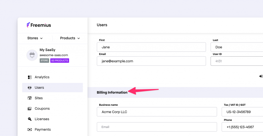 User billing information form from Store