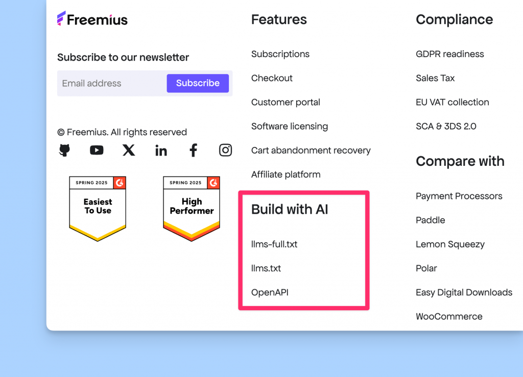 Build with AI in Freemius docs footer
