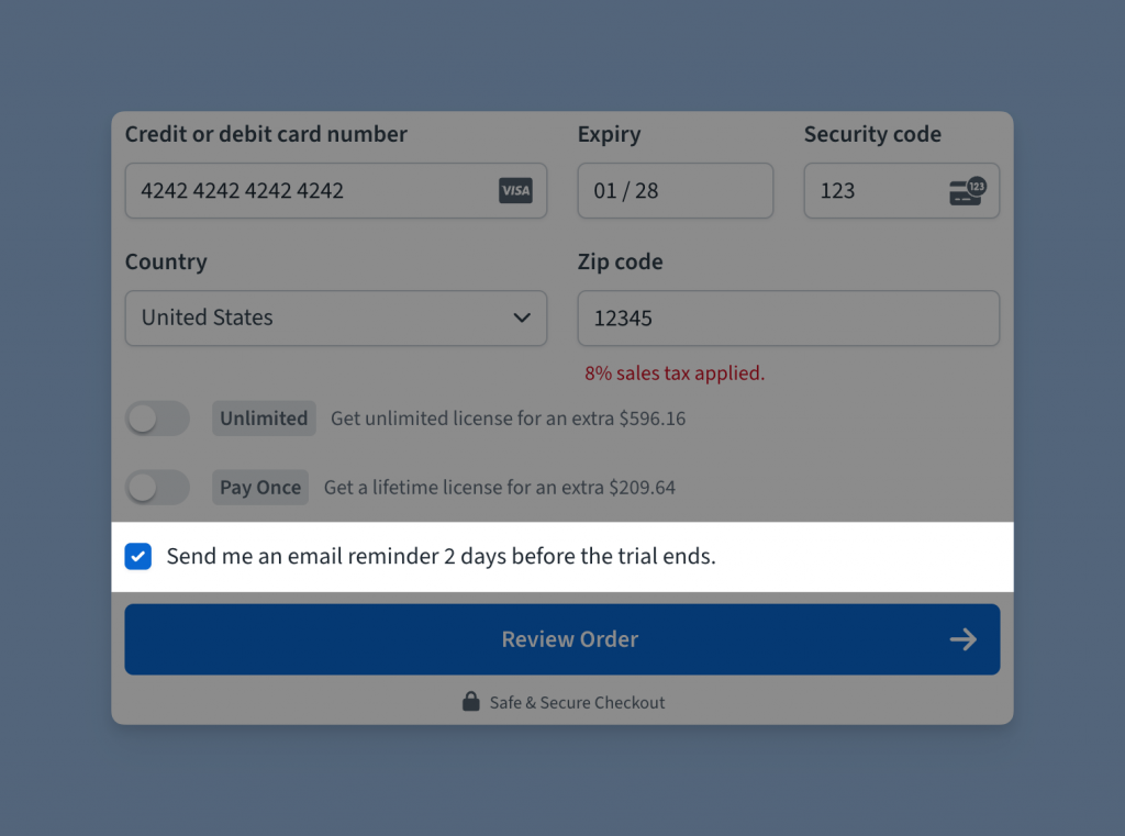 Freemius checkout with trial reminder checkbox