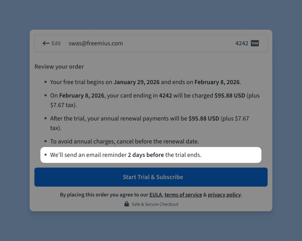 Trial reminder in the review step