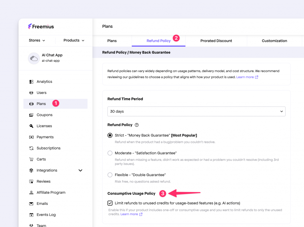 Enable consumptive usage policy from Freemius Developer Dashboard