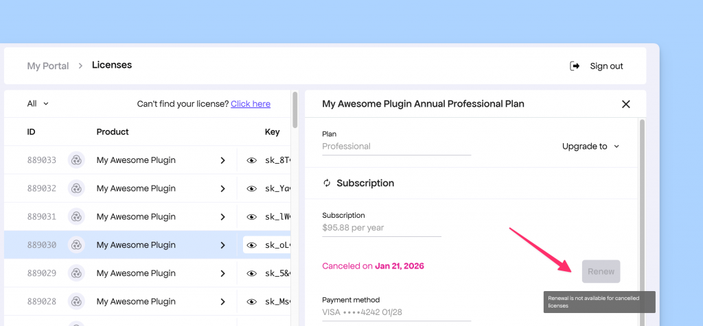 Disabled renew button in the customer portal