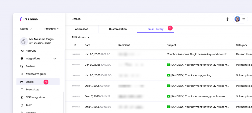 New Email History section