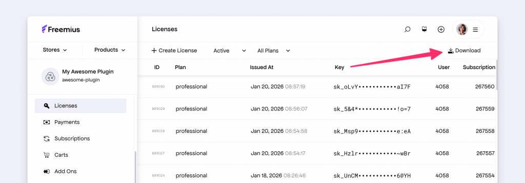 Export licenses from the Developer Dashboard