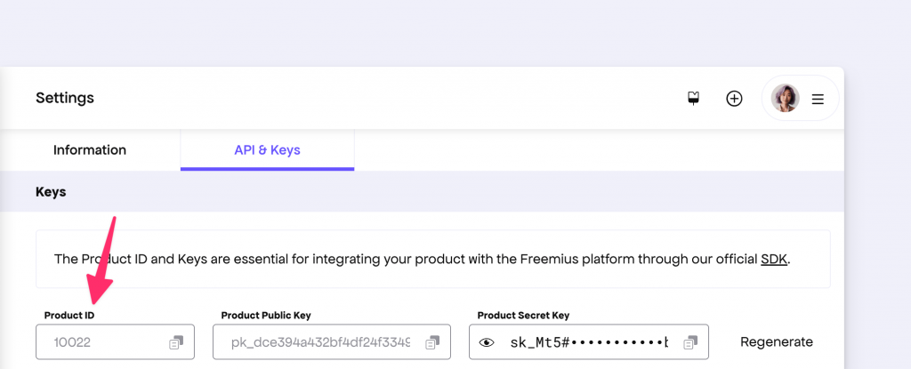 Freemius product ID and keys