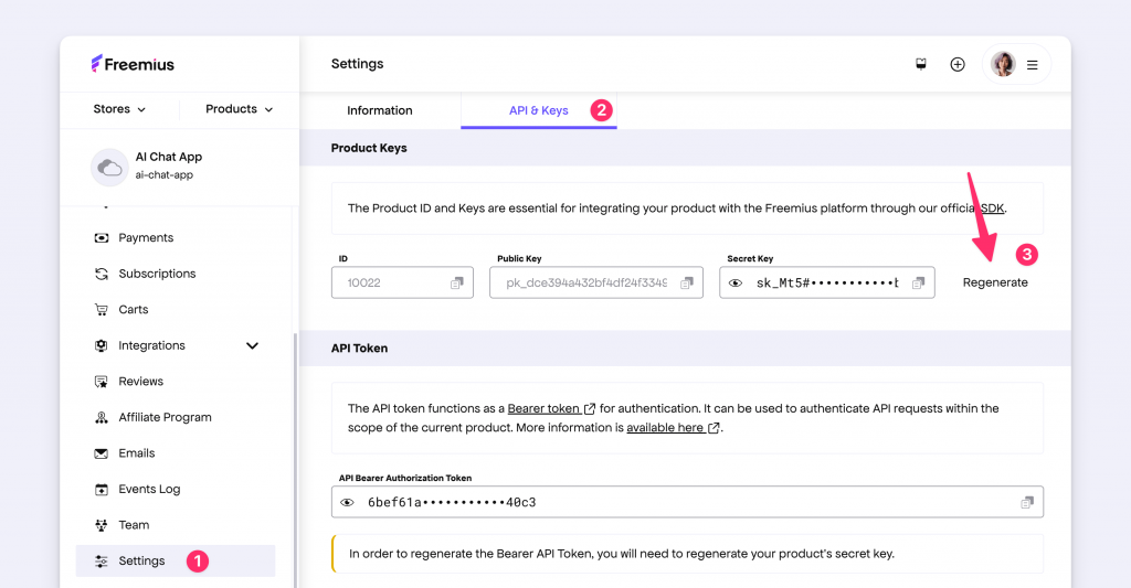 Regenerate secret key from Freemius Developer Dashboard