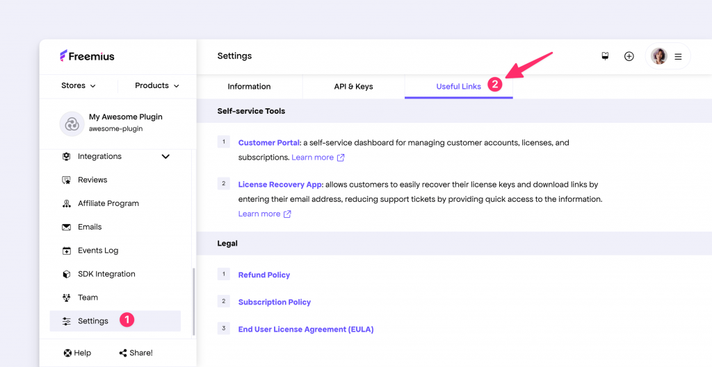 Useful links in the Freemius Developer Dashboard
