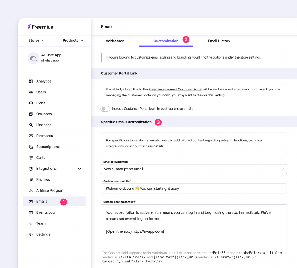 Freemius Developer Dashboard for Email Customization