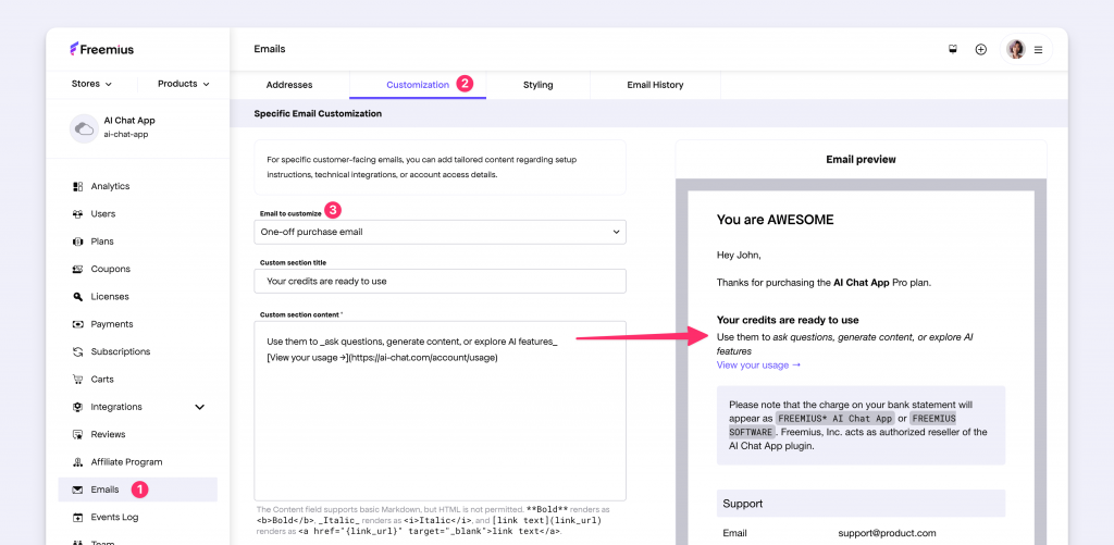 Email customization in Freemius Developer Dashboard