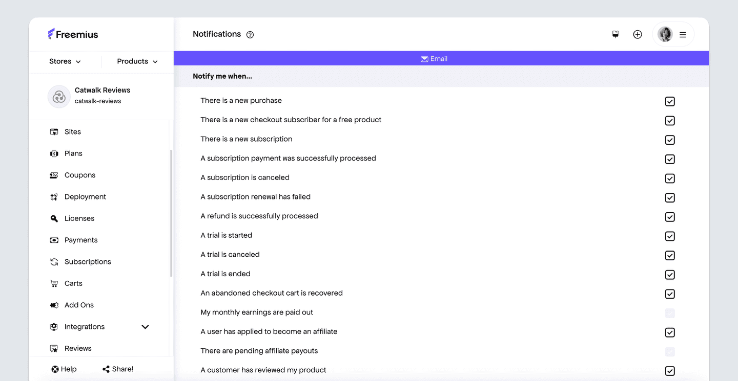 Freemius dashboard notification settings page