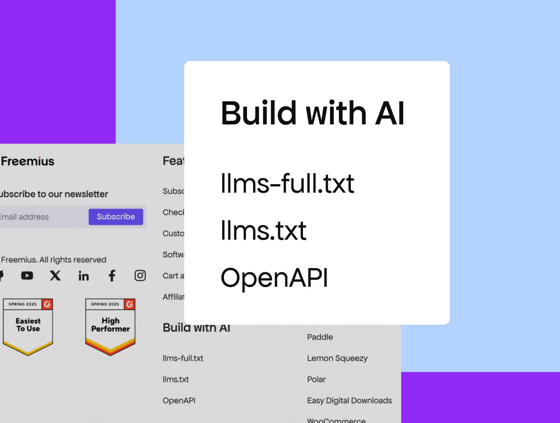 Freemius Docs footer with dedicated resources