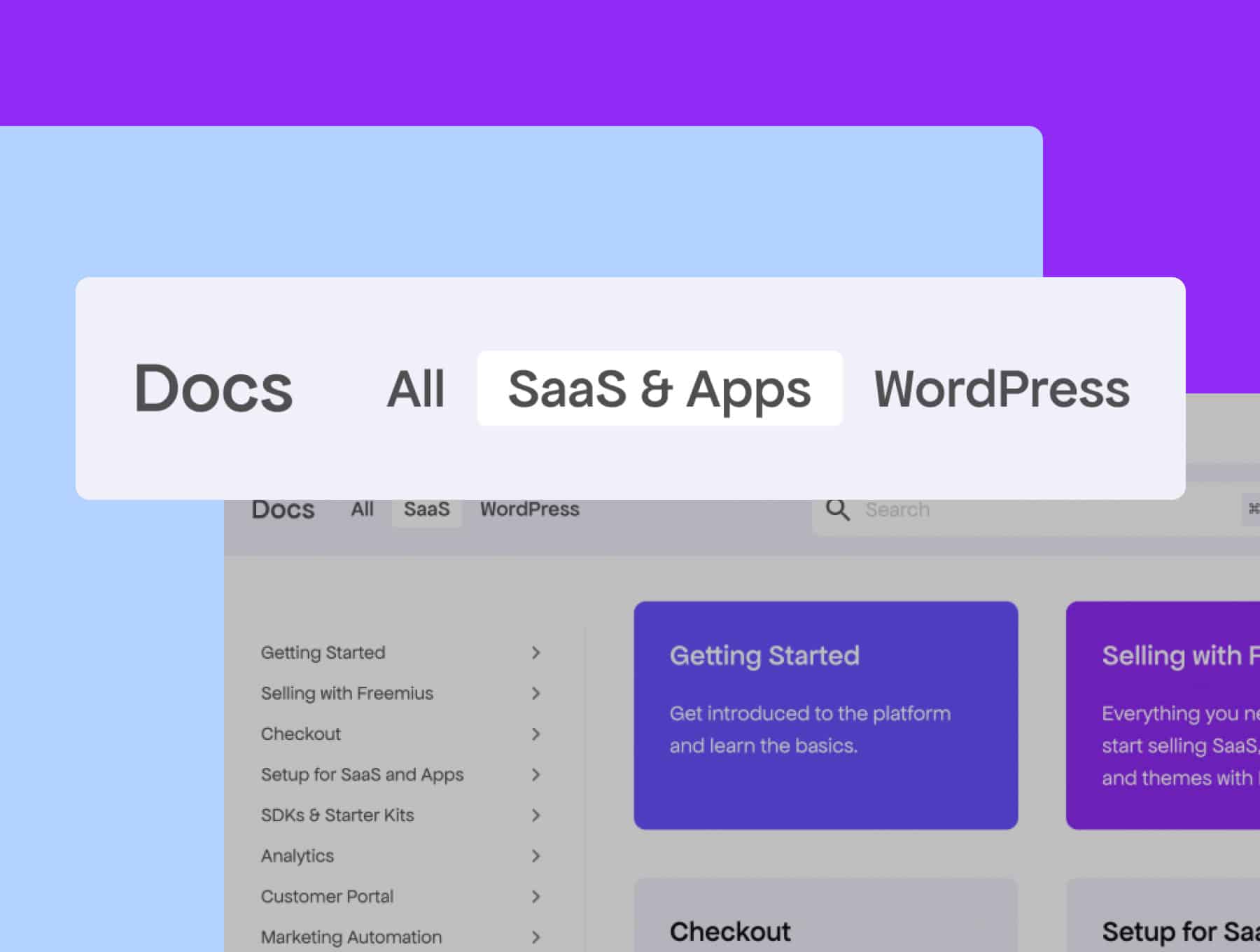 Freemius Documentation page showing filter by product type