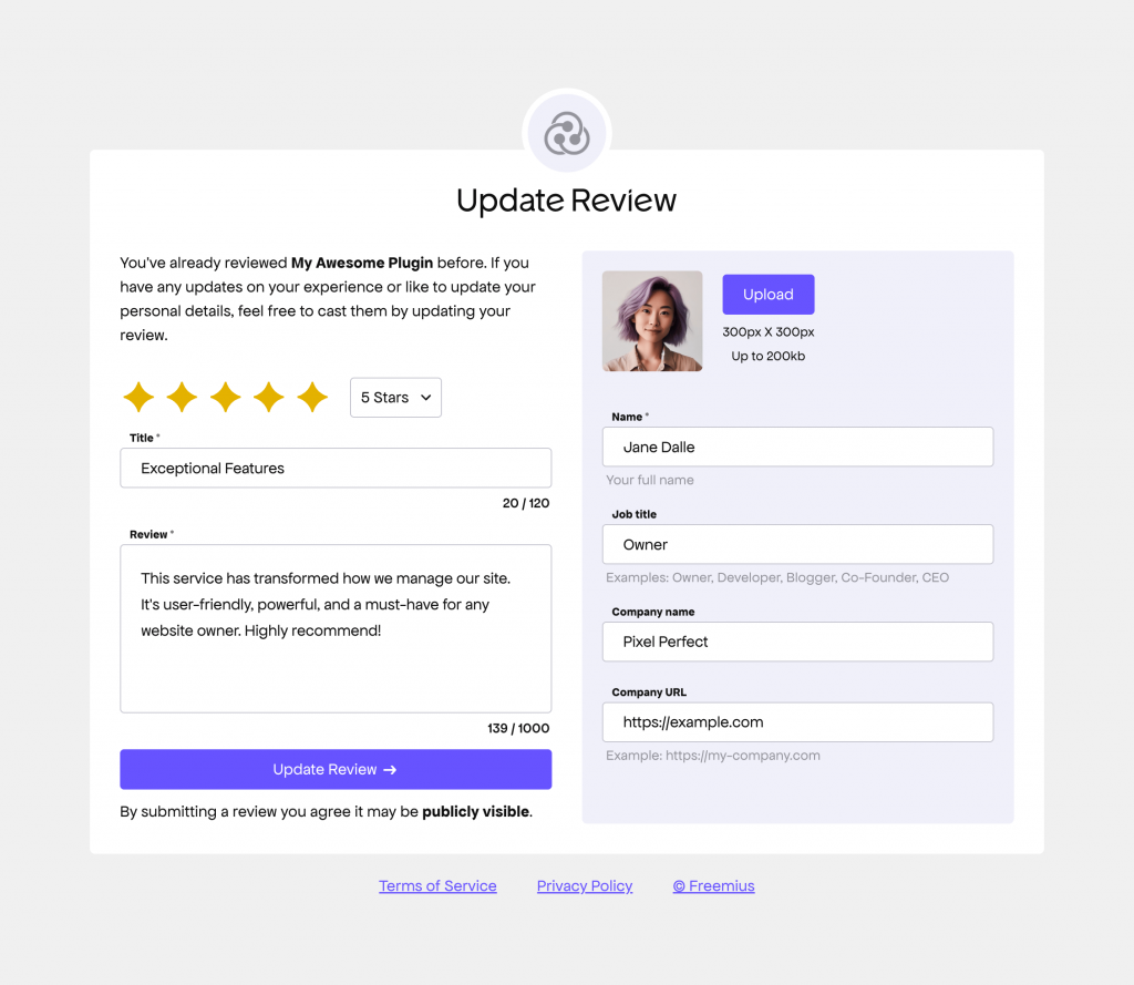 Freemius Review Form