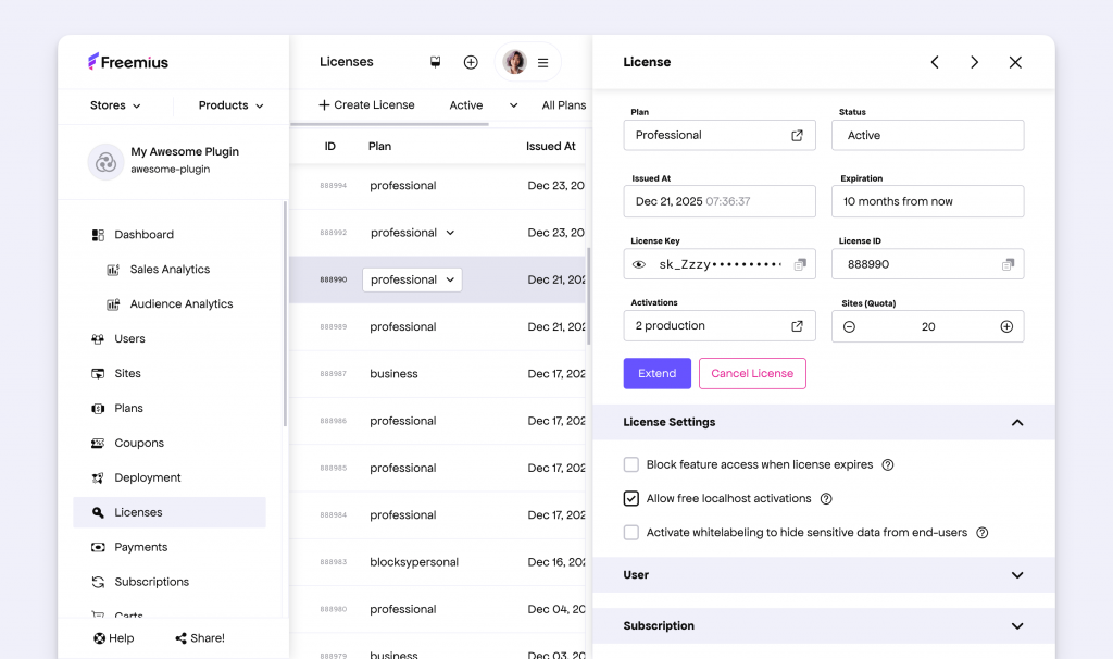 License sidepane view
