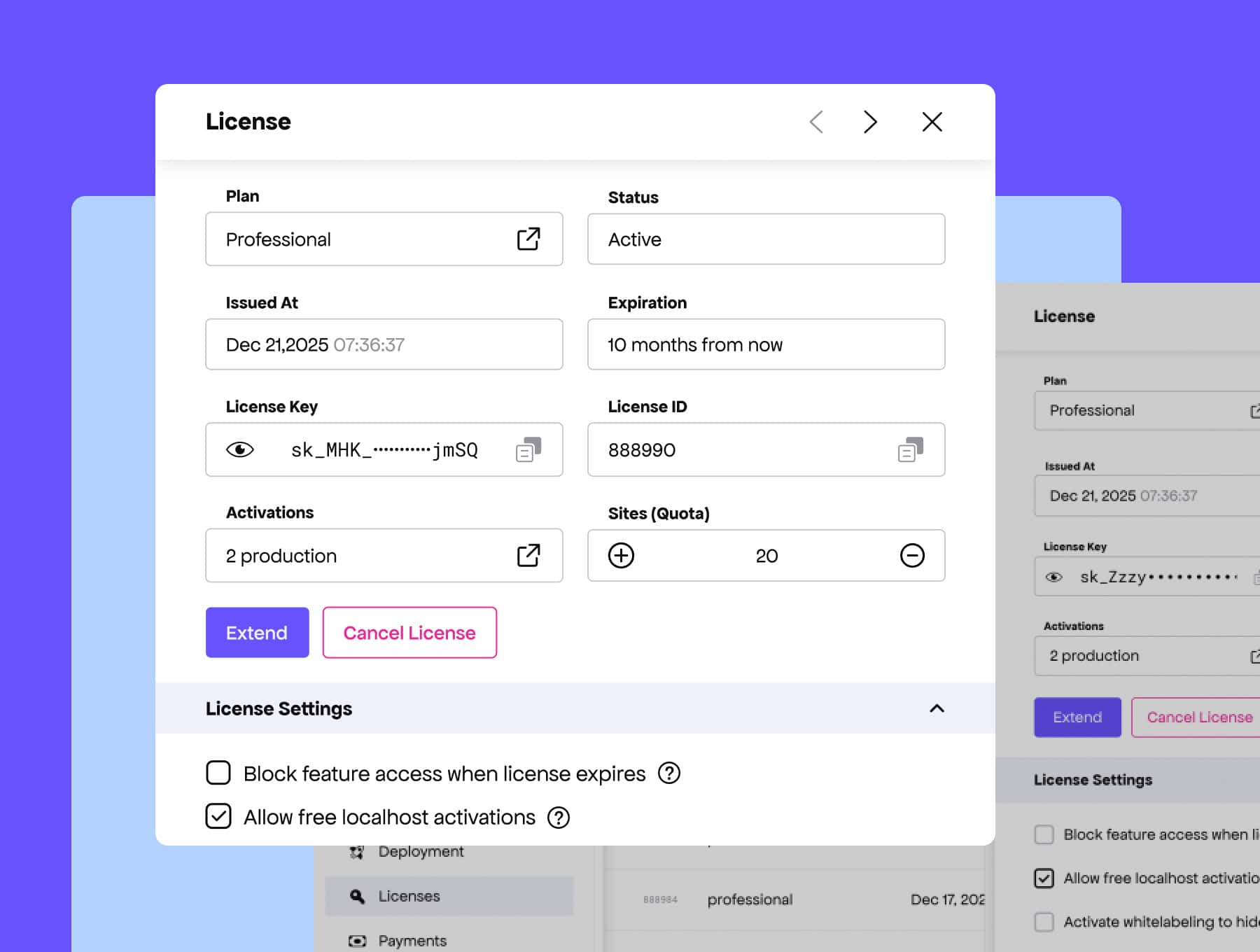 Side panel view for licenses in Freemius Developer Dashboard