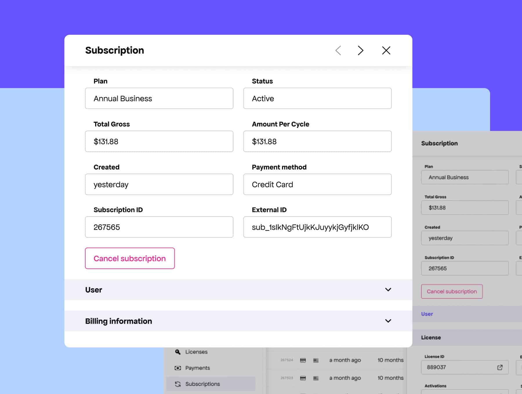 Side panel view for subscriptions in Freemius Developer Dashboard