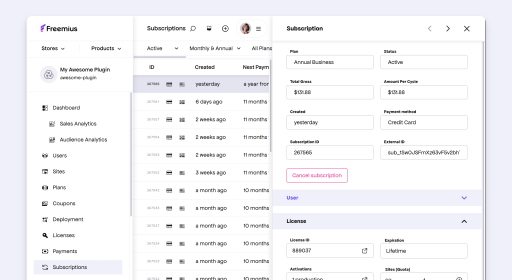 Subscription sidepane