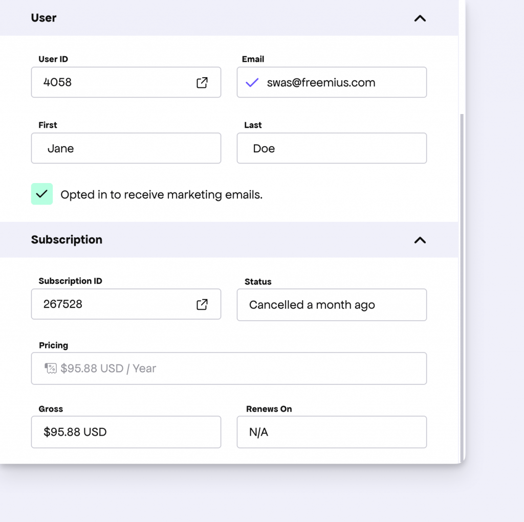 User and Subscription information in the license sidepane
