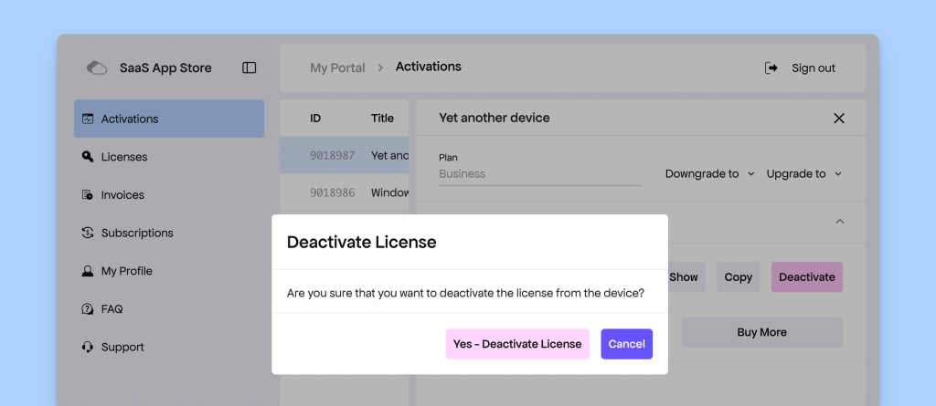 Deactivate License from the Activations page