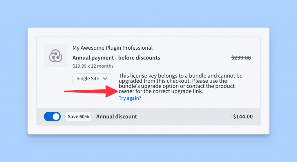 Checkout invalid license message