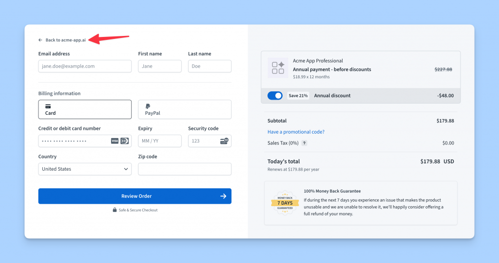 Freemius Checkout with the Back button