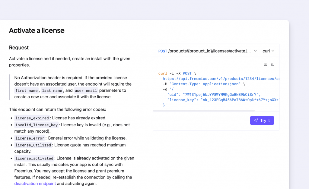 Freemius License Activation API Doc